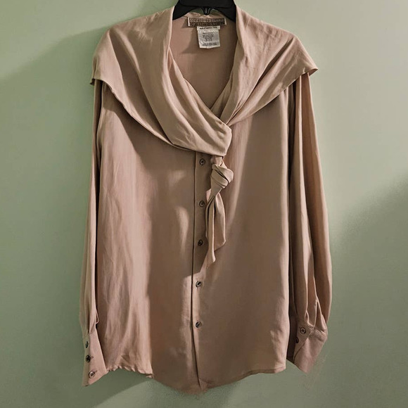 VINTAGE 1980s Anne Pinkerton Collection Beige Silk Blouse Est. Size XL - Picture 2 of 12